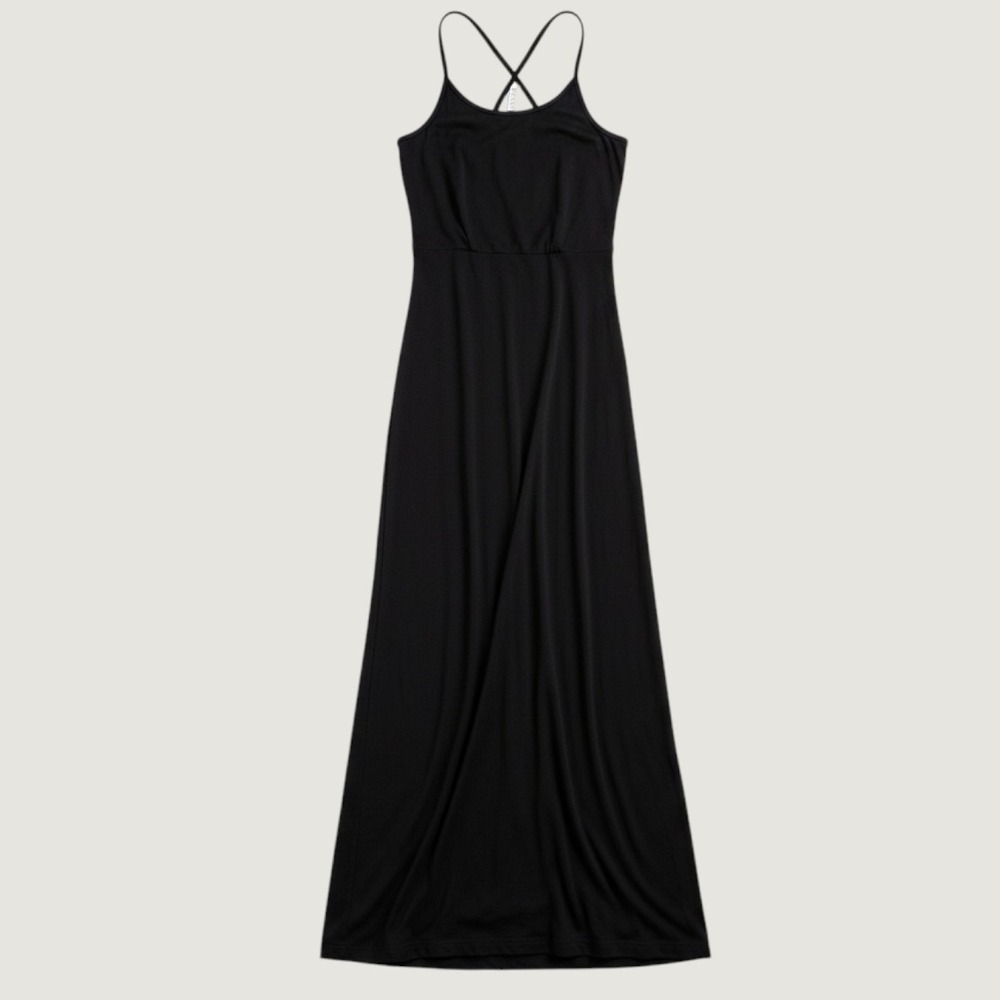NEW Fabletics Maxi Dress Black T-Back Strappy Rayon Stretch L
